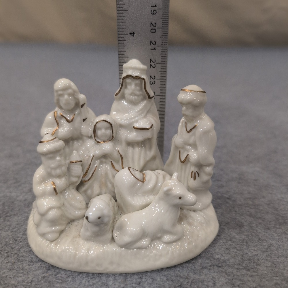 White Ceramic Nativity Scene with Gold Trim Small Christmas Figurines Set‎ - Picture 3 of 5